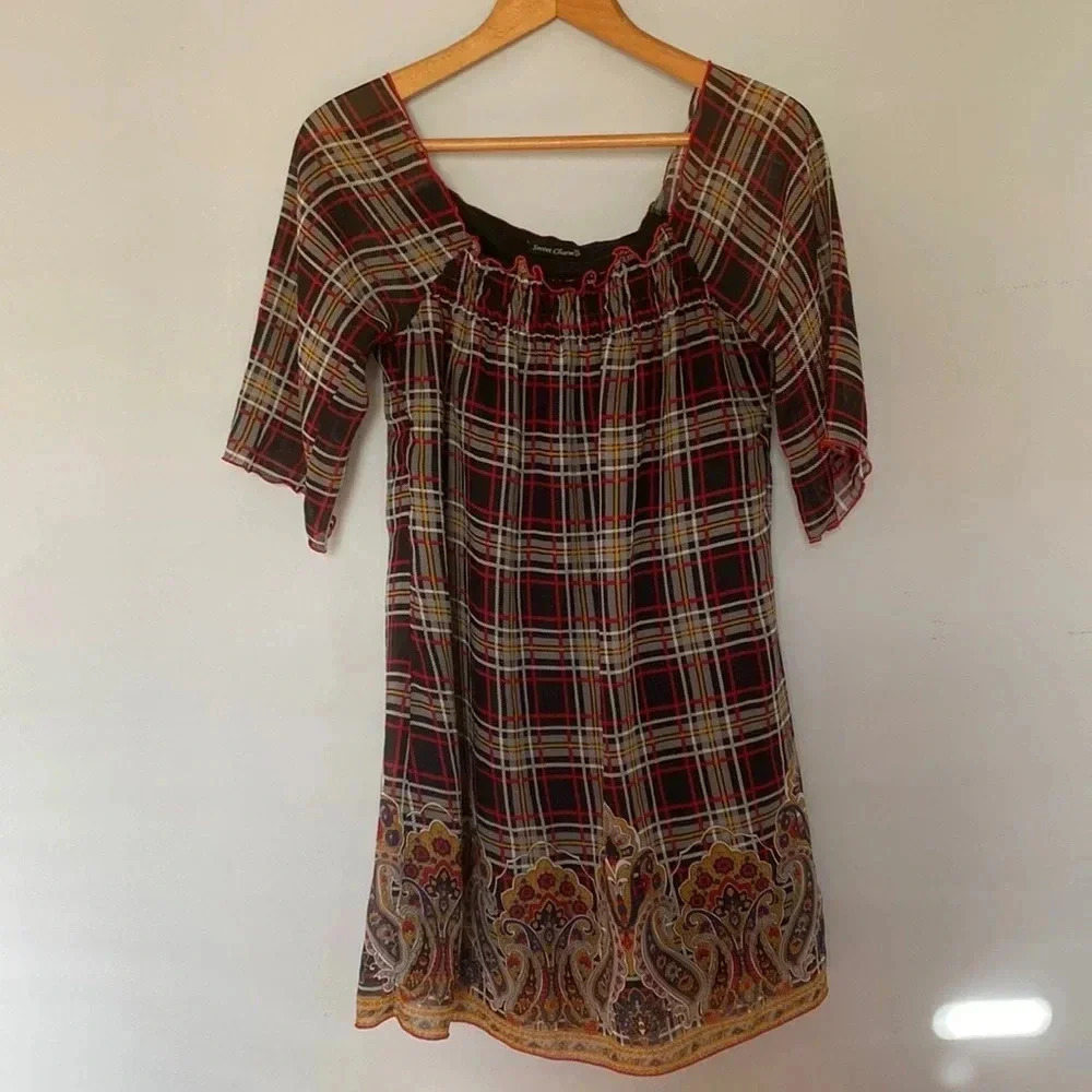 Black and Multicolor Plaid Juniors Long Sleeve Dress